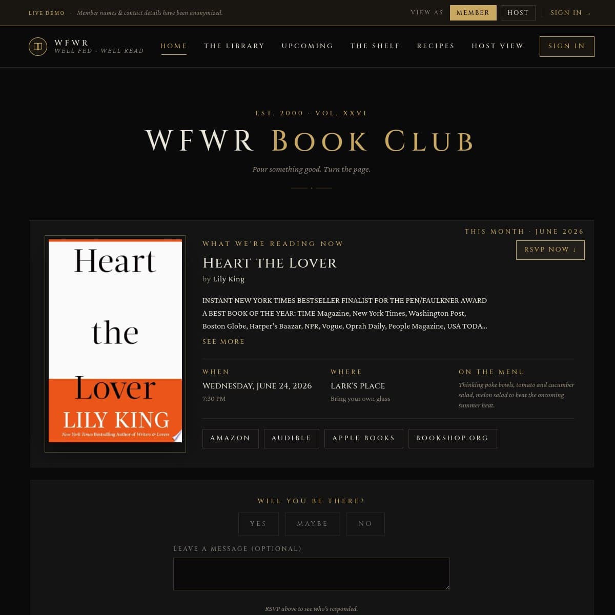 Book Club App website landing page